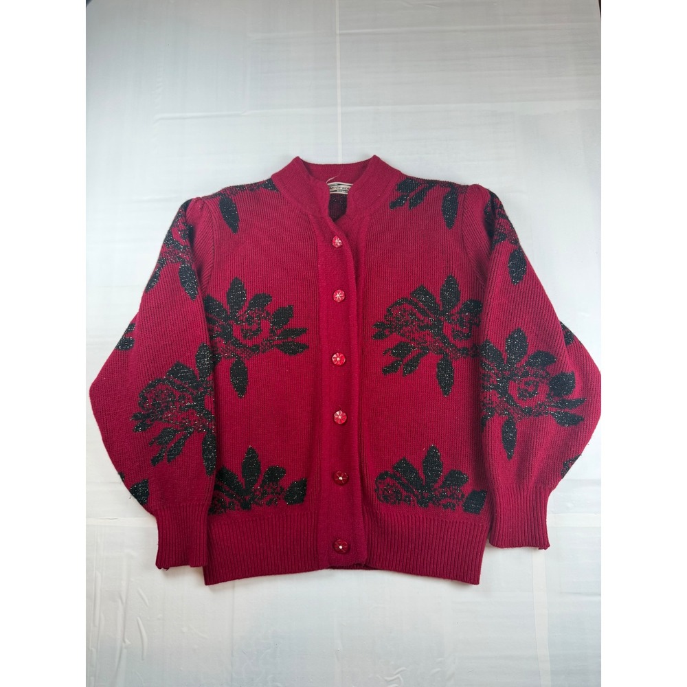 Vintage Kuanyen-Wear Red Black Floral Rose Metallic Knit Cardigan Sweater L